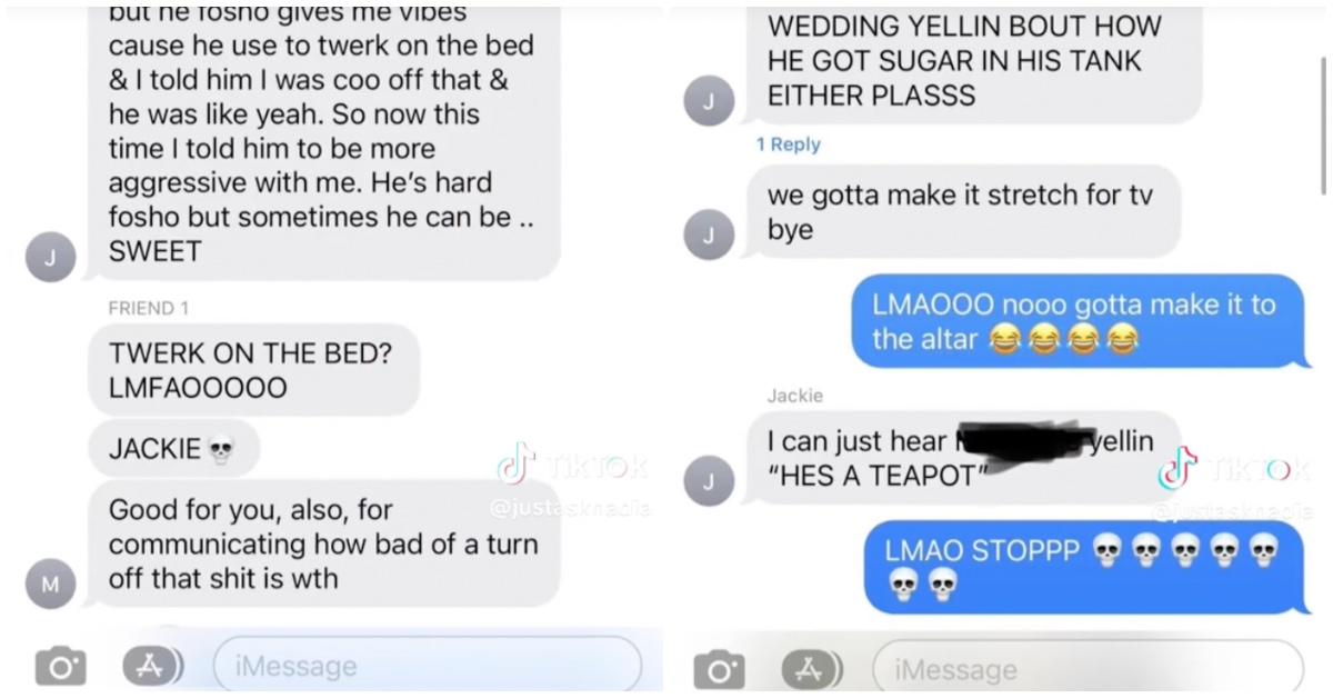 Screen shots of Jackie's group chat texts with her friends about Marshall