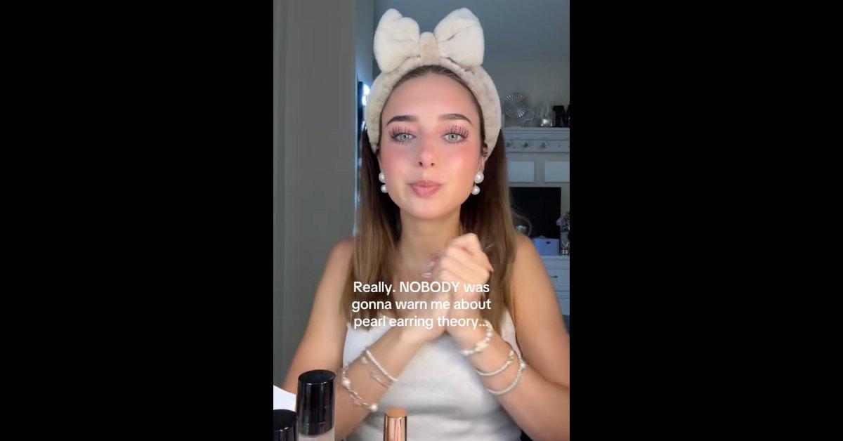 TikToker wearing pearls asking about the "pearl earrings theory" on TikTok.