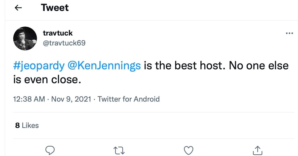 A tweet about Ken Jennings's co-hosting stint on 'Jeopardy!'