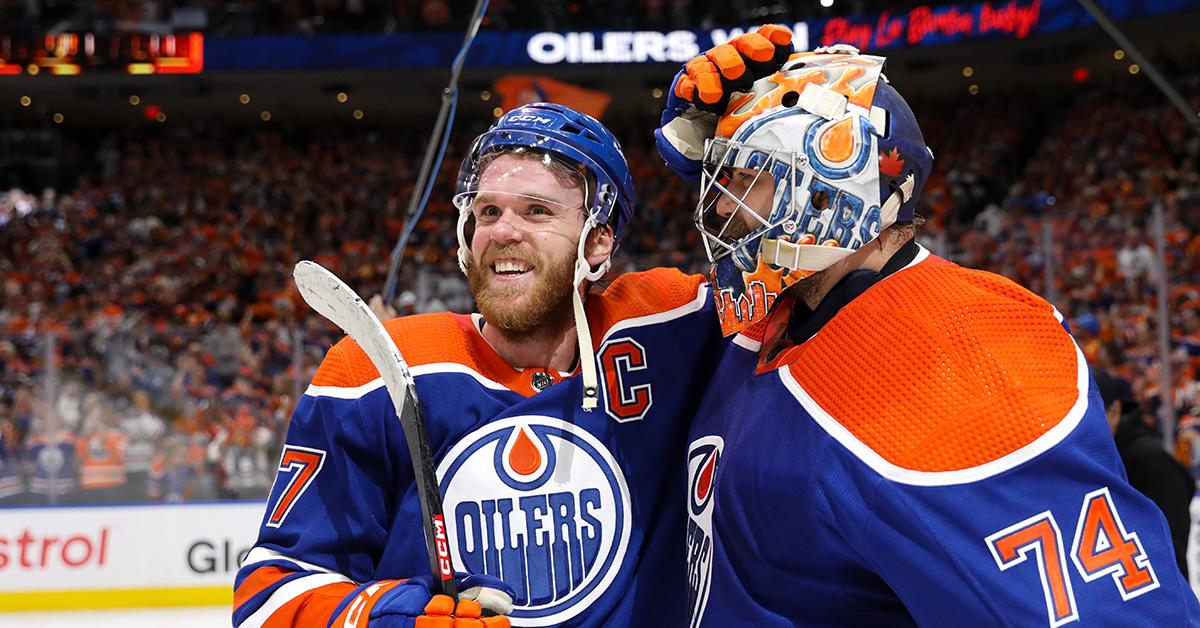 The Edmonton Oilers celebrate their NHL Finals berth. 