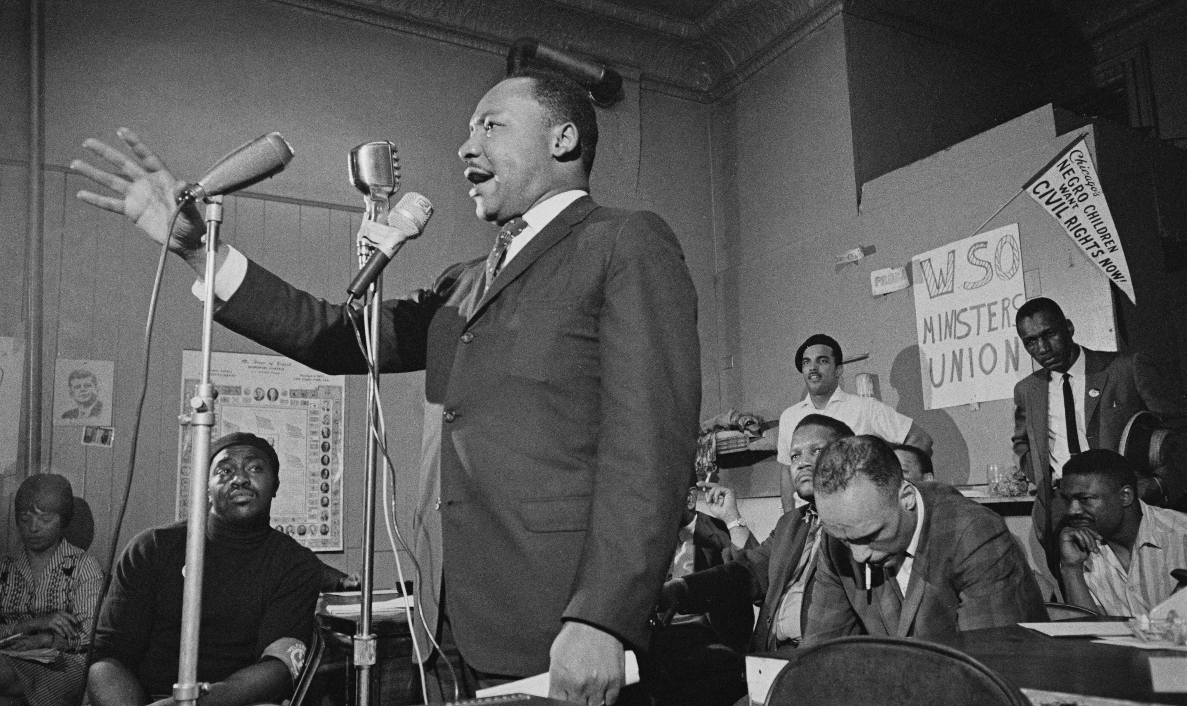Martin Luther King Jr. addresses a meeting in Chicago, Illinois on May 27, 1966.