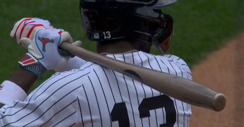 Jazz Chisholm Jr. using a "Torpedo" bat during a New York Yankees game in March 2025.