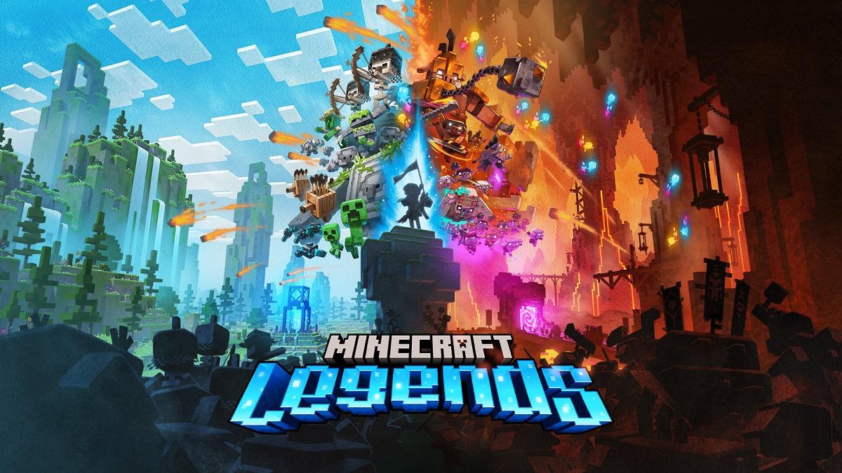 'Minecraft Legends' cover art showing two worlds colliding around the player-character.