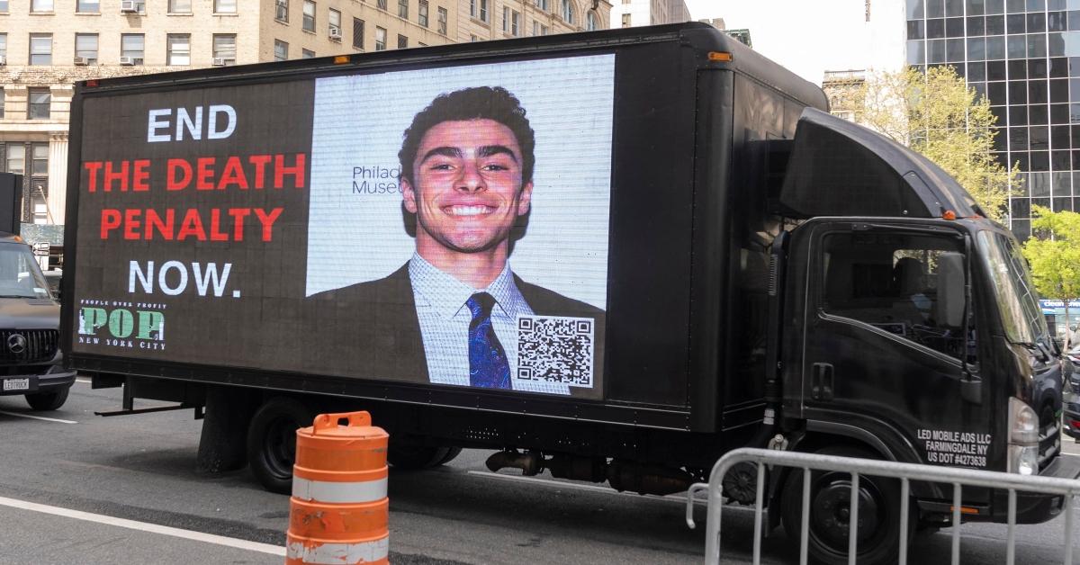 A truck with Luigi Mangione's picture on it.