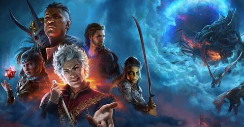 'Baldur's Gate 3' key art of the origin characters and an alien ship in the background.