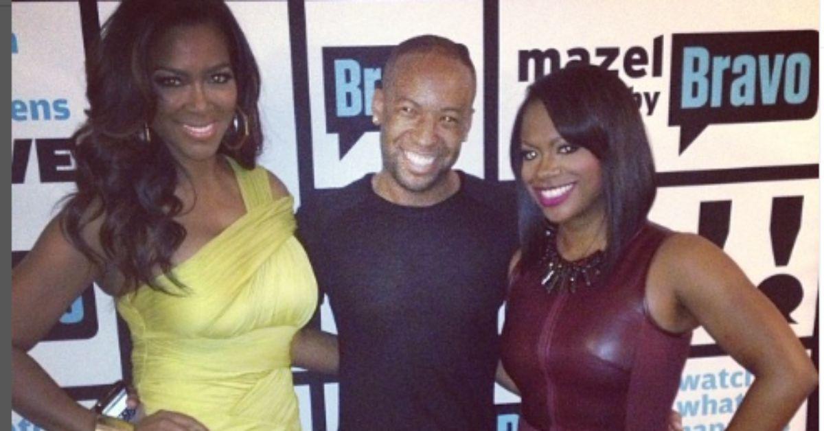 (l-r): Kenya Moore, Carlos King, and Kandi Burruss attending 'Watch What Happens Live' 