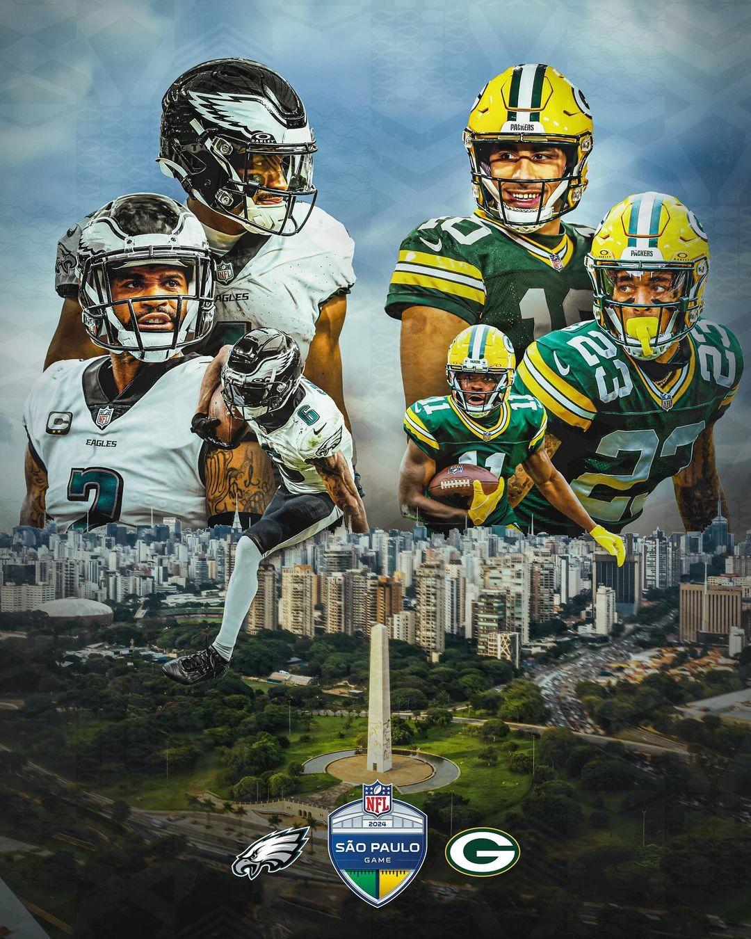 Green Bay Packers vs. Eagles matchup in Sao Paulo shown with players above city skyline