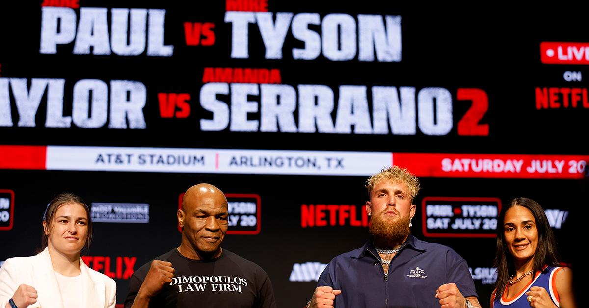 Katie Taylor, Mike Tyson, Jake Paul, and Amanda Serrano promoting their Netflix fight. 