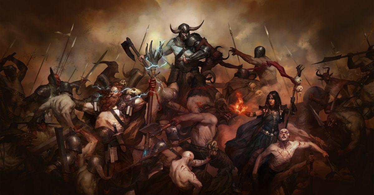 All Diablo IV classes fighting a horde of demons.