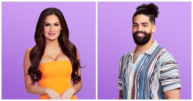 Jessica poses in a stunning light orange strapless dress and Ariel smiles while wearing a striped sweater short sleeve button up and his hair in a bun.