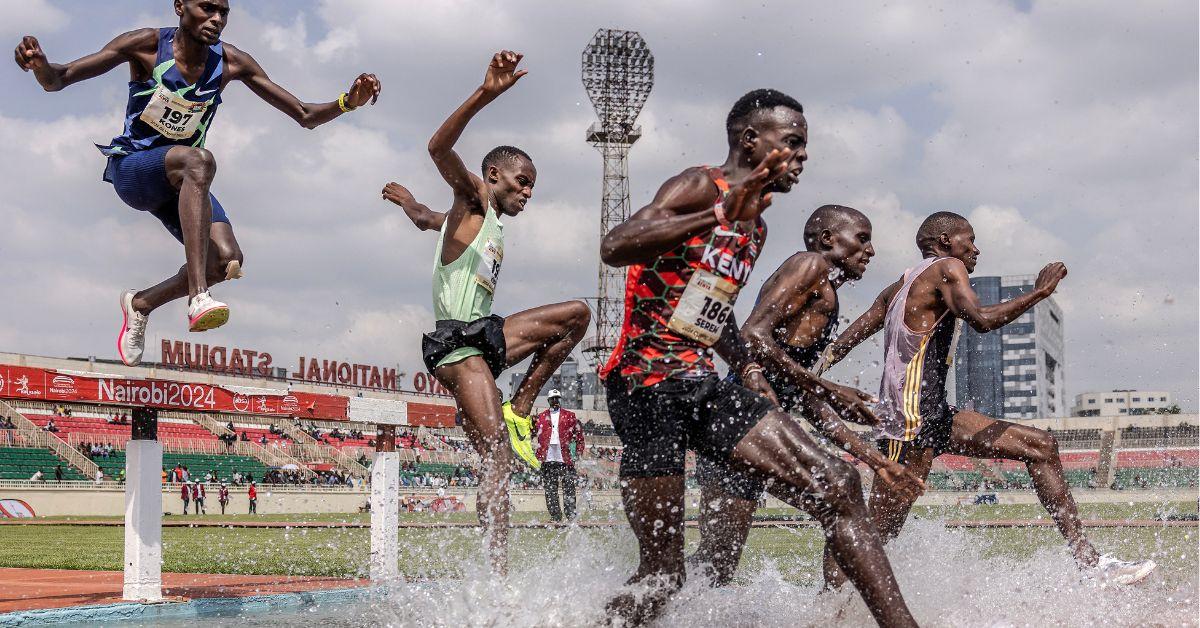 Kenyan athletes take part in the 3000m Steeplechase Men Final during the Kenya Athletics 2024 Paris Olympic Trials