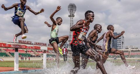 Kenyan athletes take part in the 3000m Steeplechase Men Final during the Kenya Athletics 2024 Paris Olympic Trials