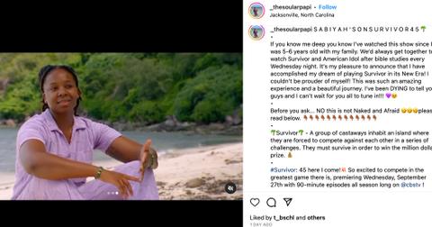 Sabiyah Broderick 'Survivor' 45 Instagram post