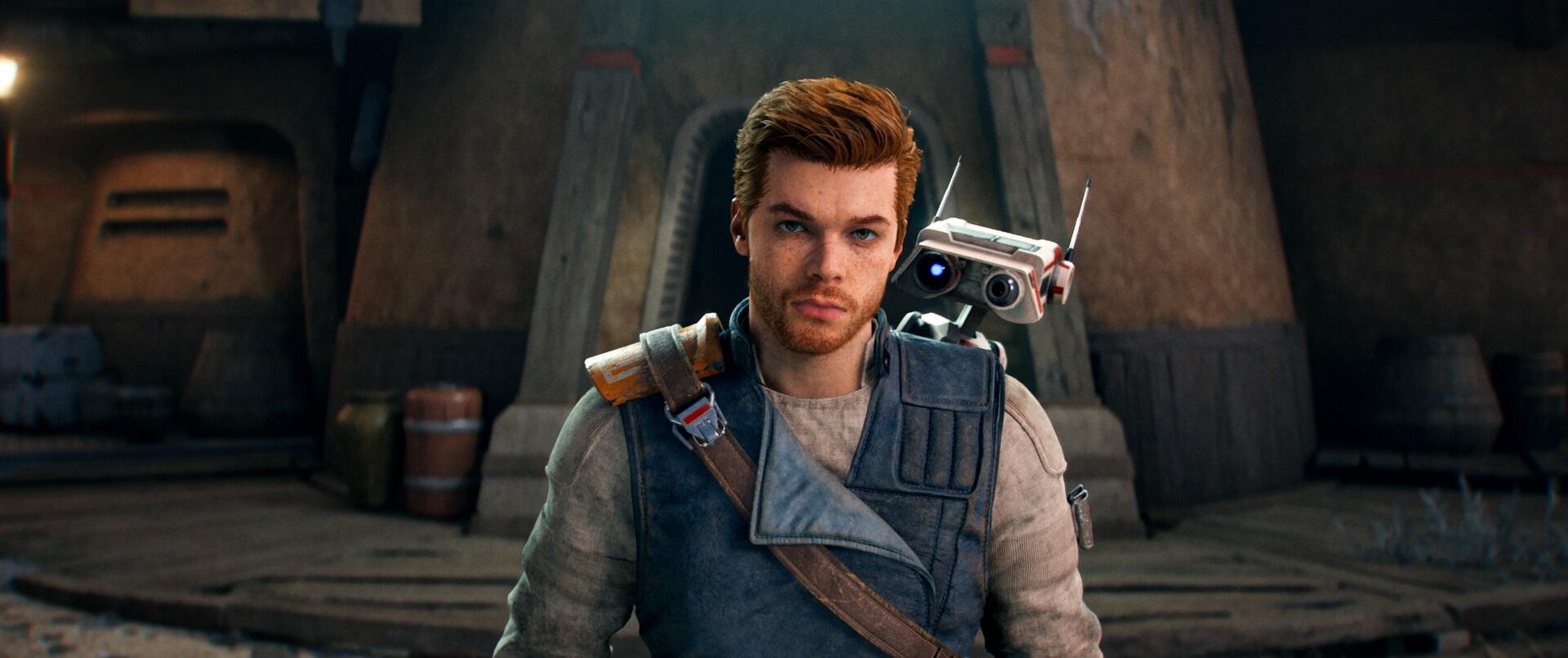 'Star Wars Jedi: Survivor' Cal Kestis standing with robot sidekick BD-1 on his shoulder. 