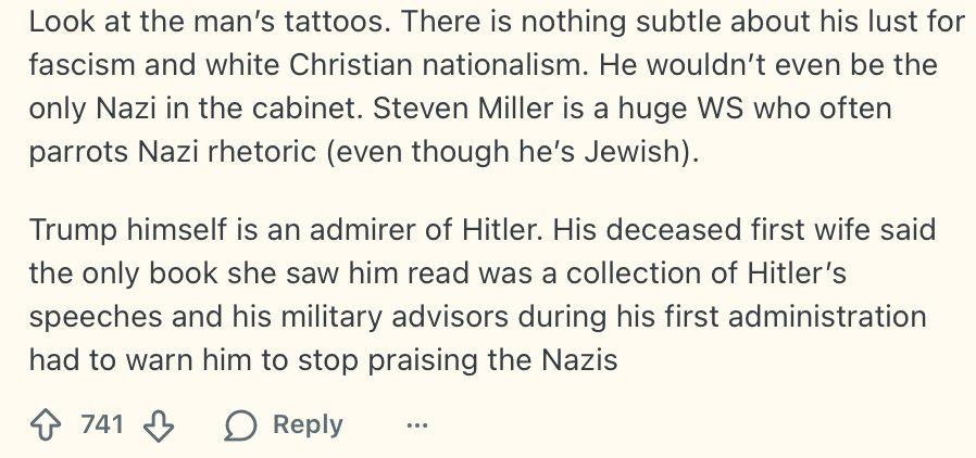 Comment about Pete Hegseth's connection to fascism.