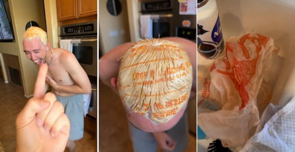 A man shows his Home Depot hair bleach fail