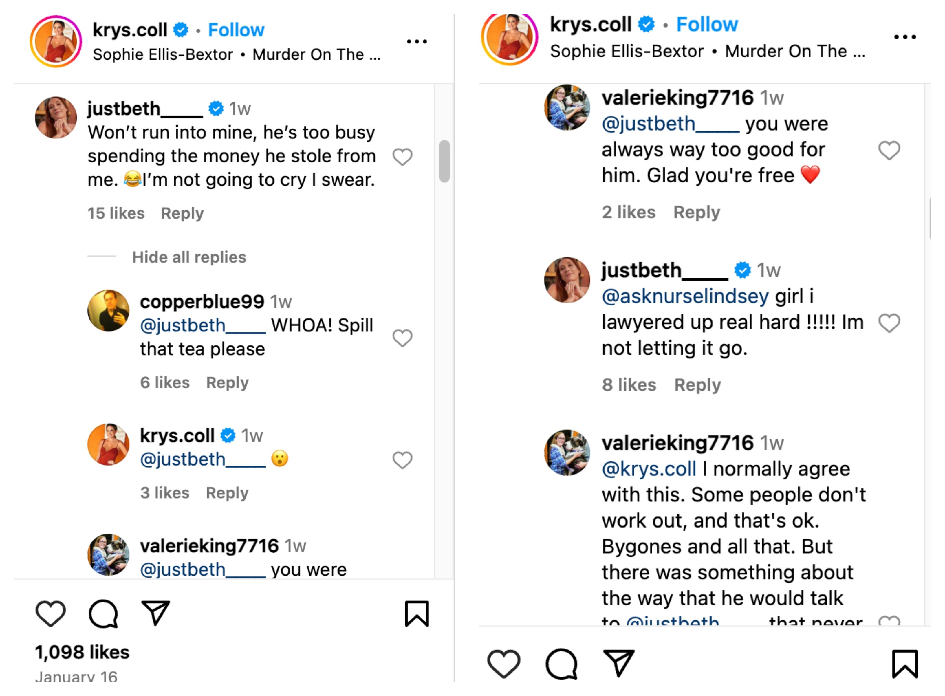 beth bice from mafs comments on krysten collins' instagram post about jamie thomspon stealing her money