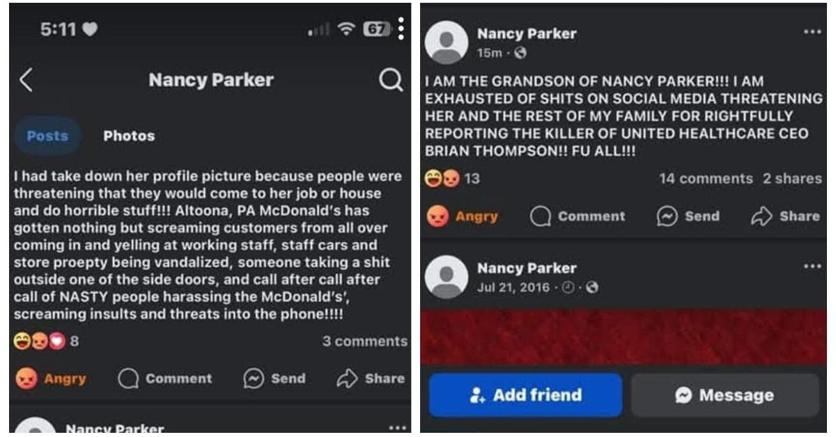 Alleged screenshots from Nancy Parket's Facebook account