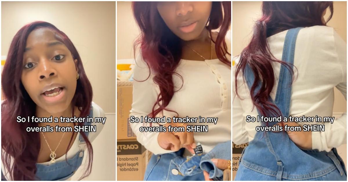 Viral video of girl finding a tracking device sewed into SHEIN overalls she ordered.