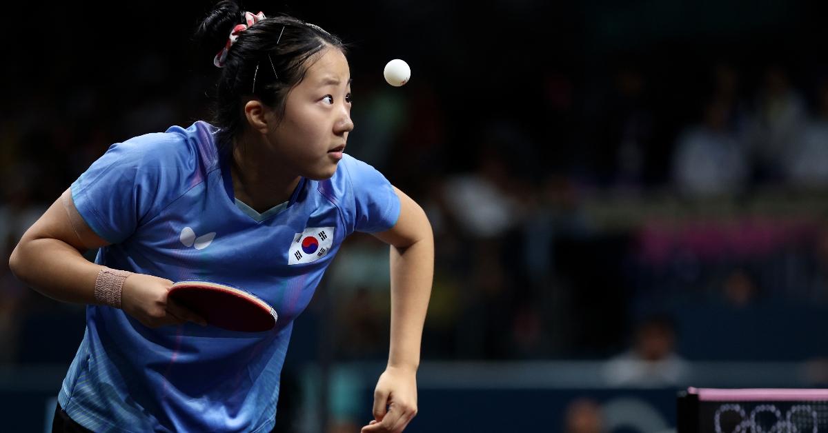 Yubin Shin of Team Republic of Korea competes during the Women's Singles Quarterfinal match between Yubin Shin of Team Republic of Korea and Miu Hirano of Team Japan on day six of the Olympic Games Paris 2024 at South Paris Arena on August 01, 2024 in Paris, France. (Photo by Lars Baron/Getty Images)