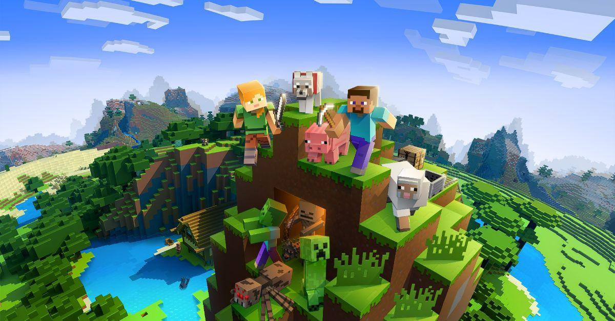 Minecraft characters perched on a blocky mountain.