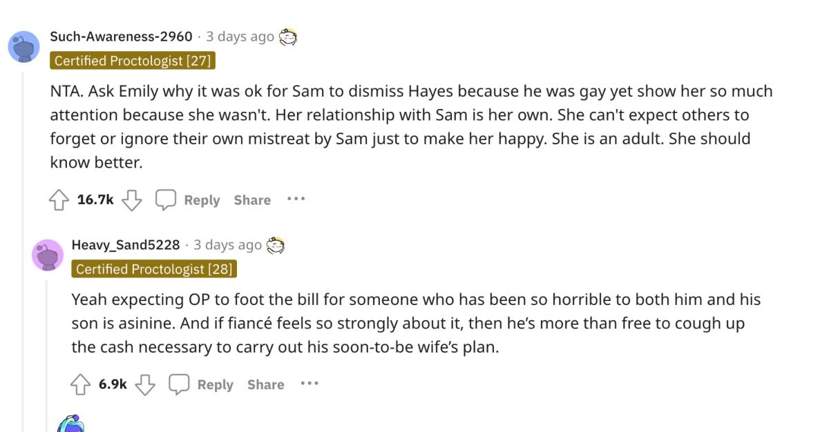 Comments from the AITA Reddit post about a dad refusing to honor his daughter's stepfather at her wedding 