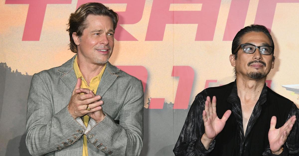 Brad Pitt i Hiroyuki Sanada na pozornici pozdrava 'Bullet Train' u Toho Cinemas Kyoto 23. kolovoza 2022. 