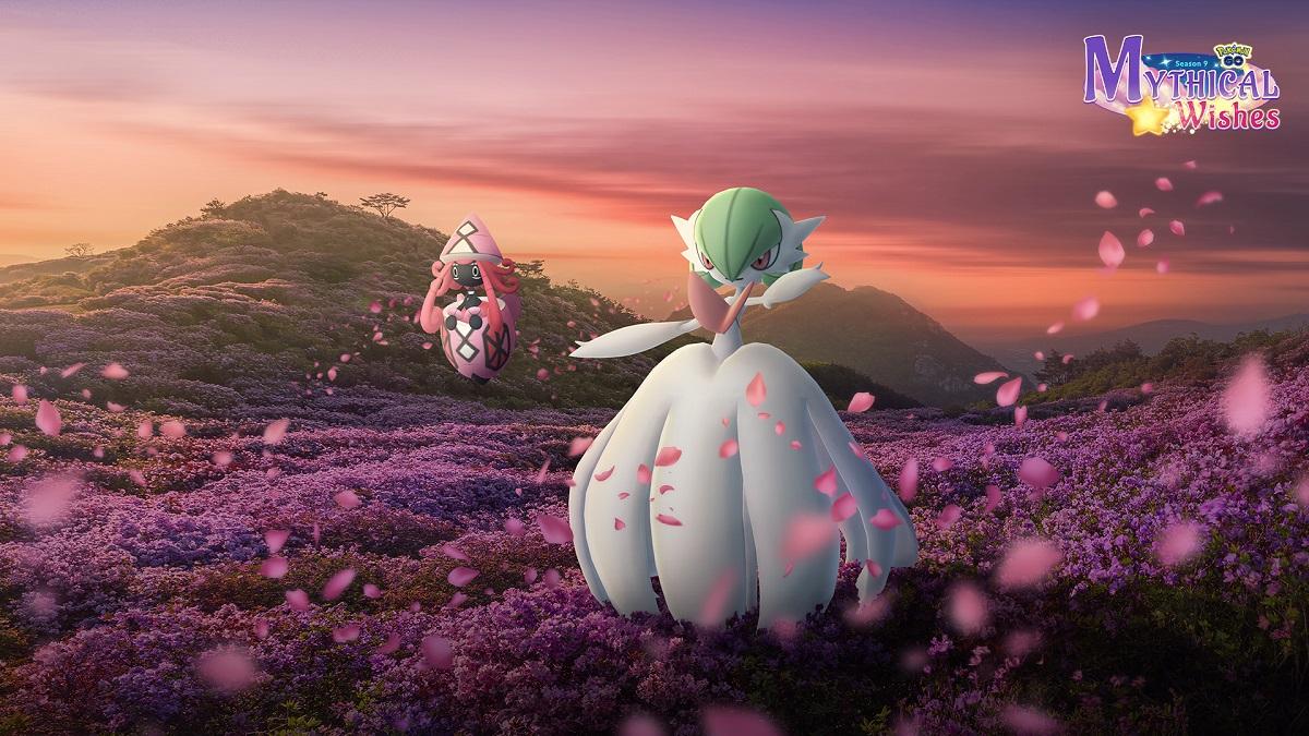 'Pokémon GO' Gardevoir standing in a field of flowers at sunset.