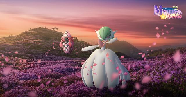 'Pokémon GO' Gardevoir standing in a field of flowers at sunset.