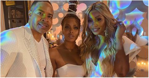 (l-r): Mike Hill, Eva Marcille, and Cynthia Bailey at Mike and Cynthia's wedding.