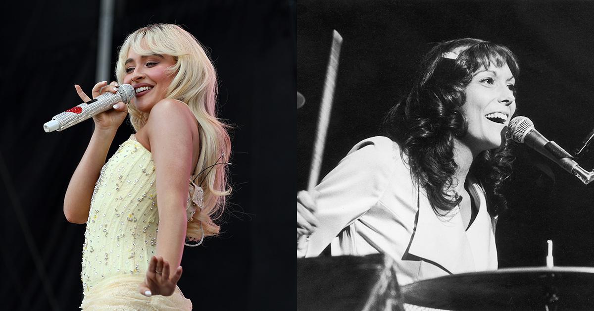 Sabrina and Karen Carpenter both performing on stage in separate images. 