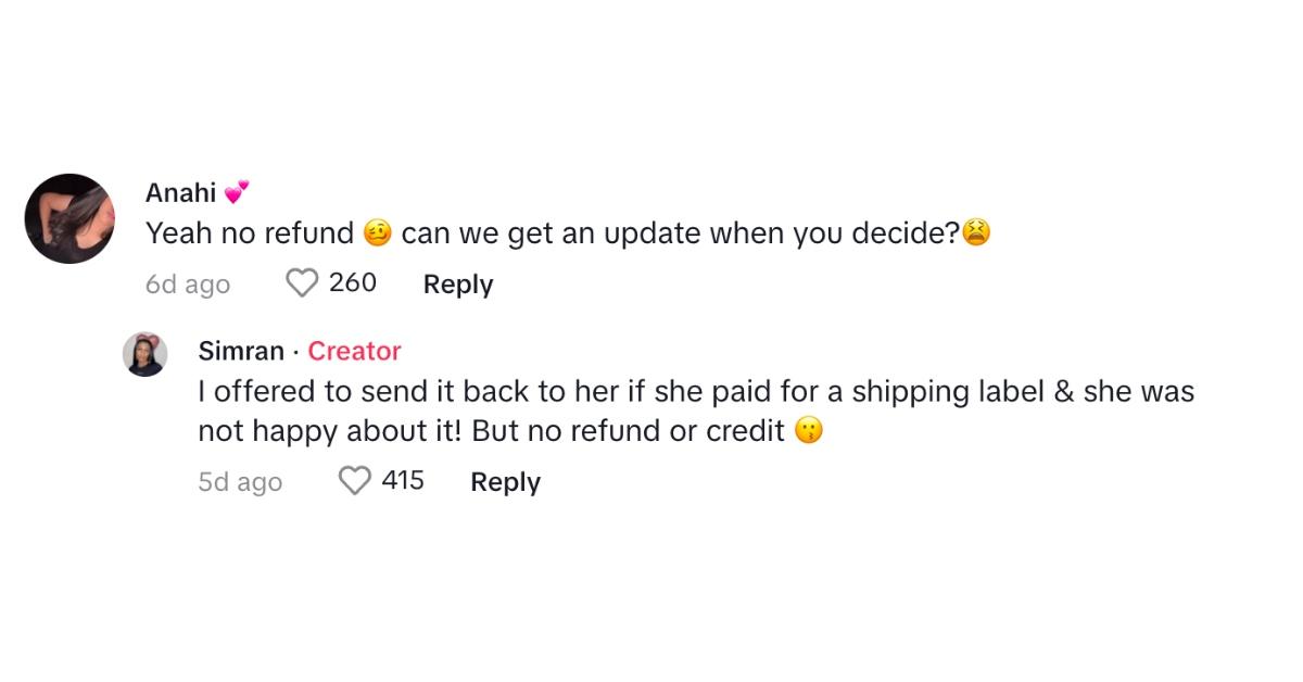 tiktok comments about customer put on blast for trying to return worn clothing to small business owner