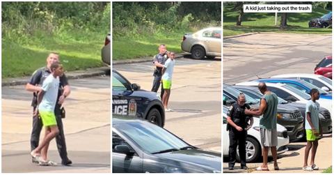 (l-r): A Black teen being arrested after taking out the trash at his home