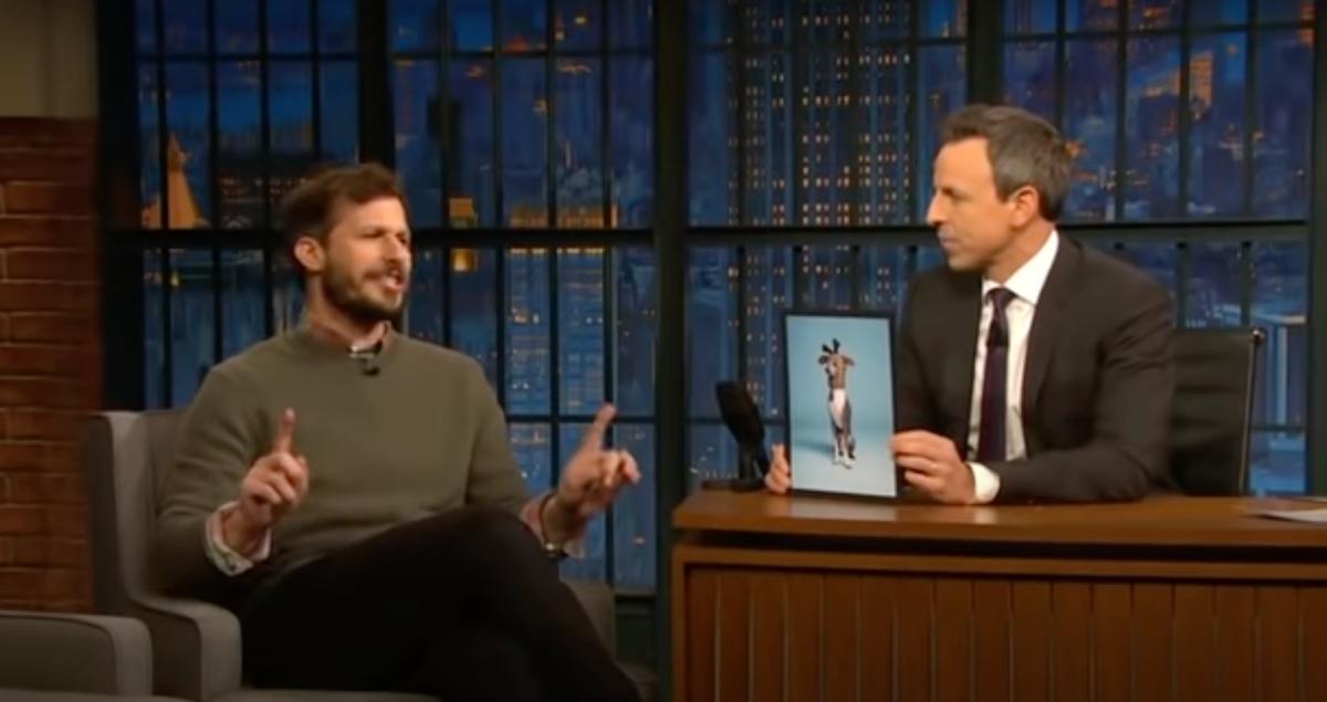 Andy Samberg explains to Seth Meyers why he doesn't like his dog Frisbee.