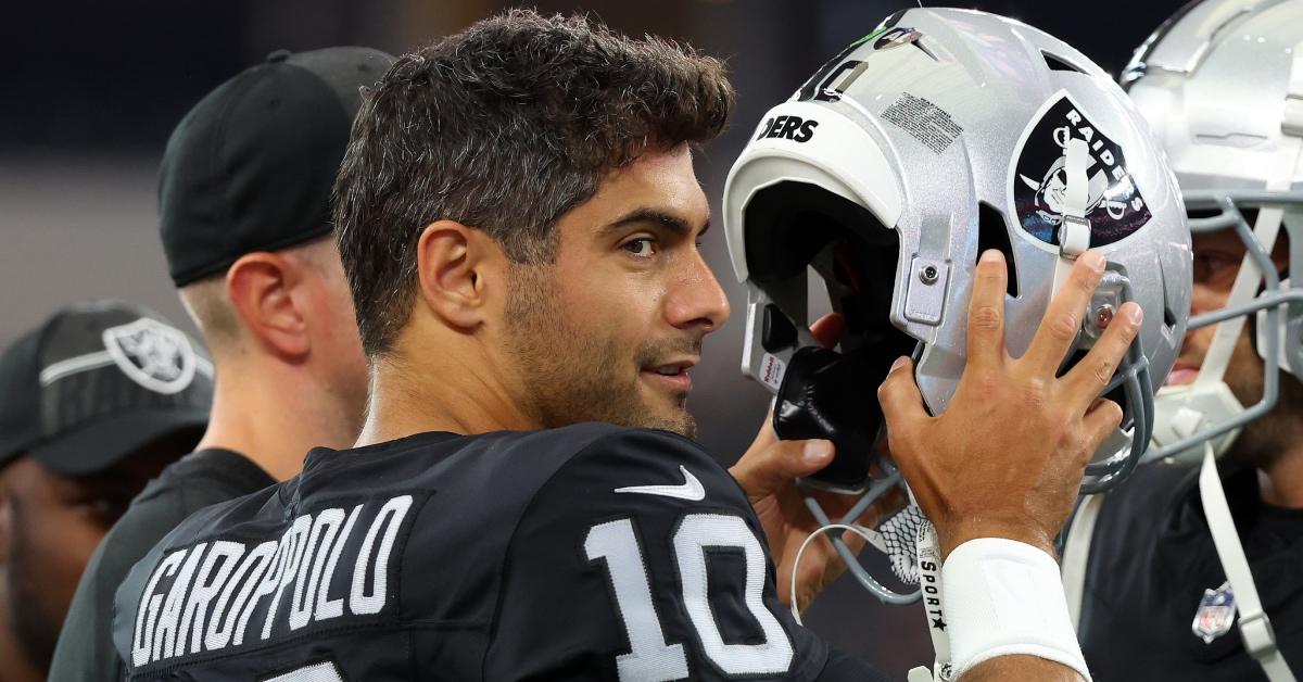 San Francisco 49ers #10 quarterback Jimmy Garoppolo warms up the