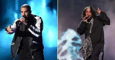 Drake and Kendrick Lamar performing on stage at separate events.