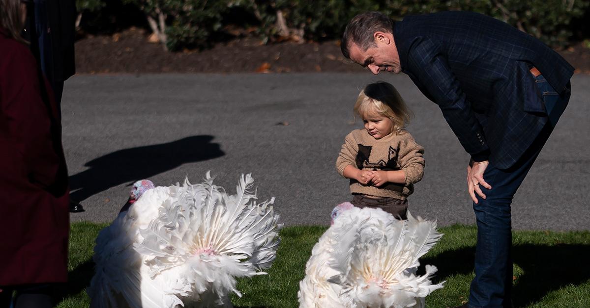 Hunter Biden looking at turkeys with his son Beau. 