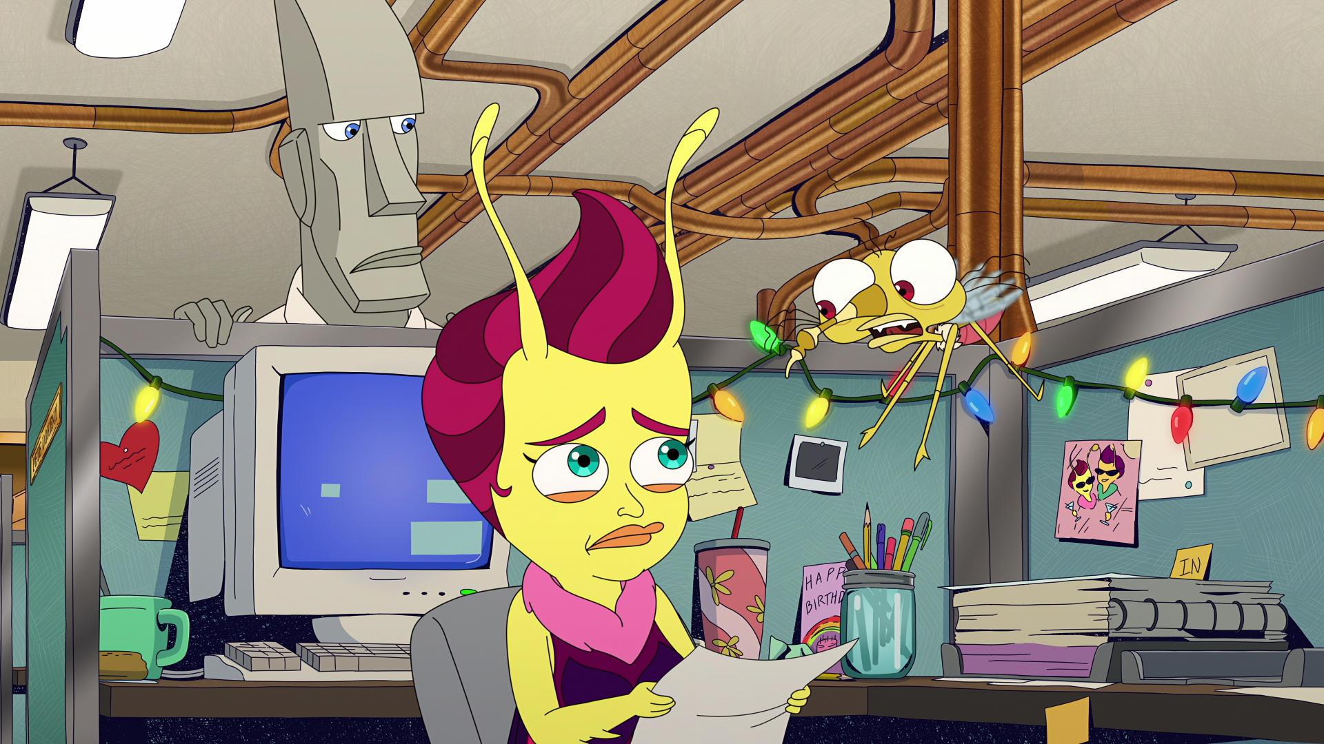 Emmy the lovebug and Tito the Anxiety Mosquito in 'Human Resources'