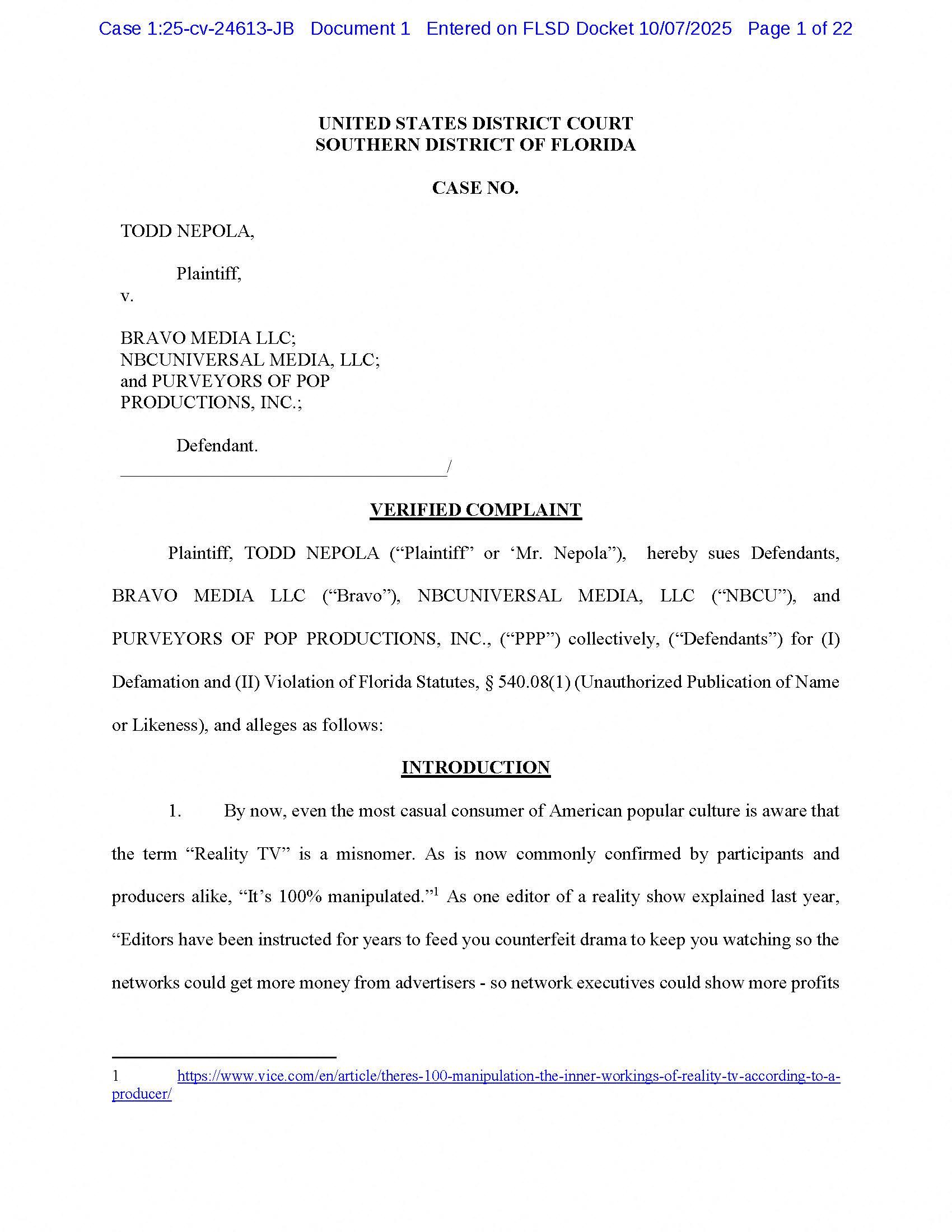 Todd Nepola's lawsuit against Bravo