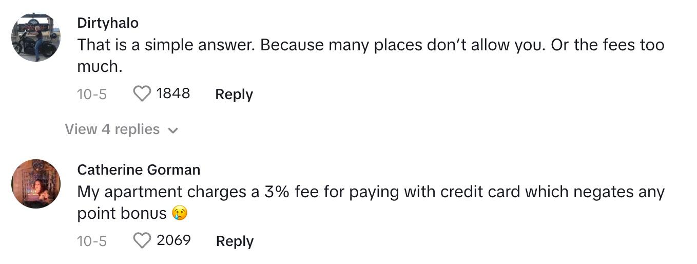 Comments on viral video of woman saying she's the only person in her complex paying rent with a credit card.