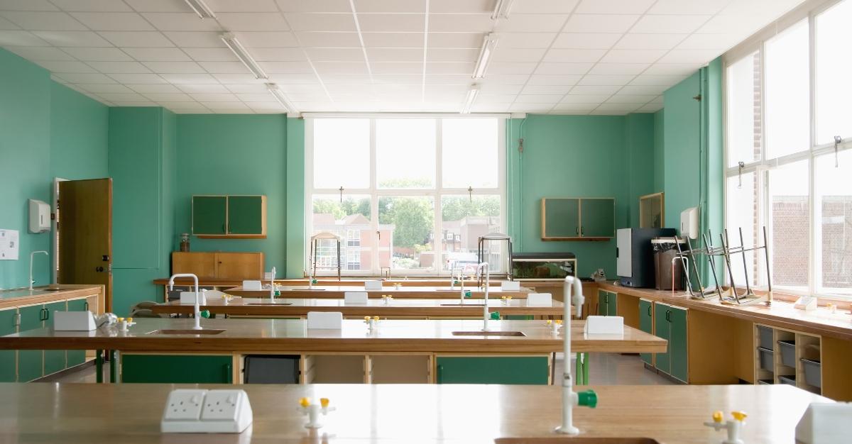 An empty science lab room at a school