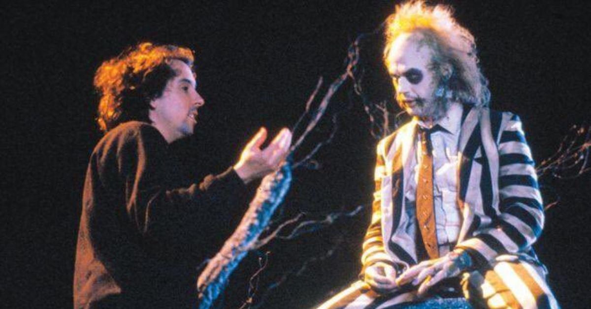 (l-r): Tim Burton and Michael Keaton filming 'Beetlejuice' 