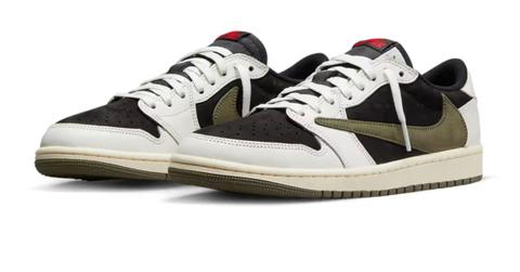 A pair of 'Medium Olive' Air Jordan 1 Low Travis Scott