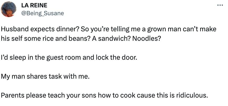 Twitter commenter says parents should teach their sons to cook.