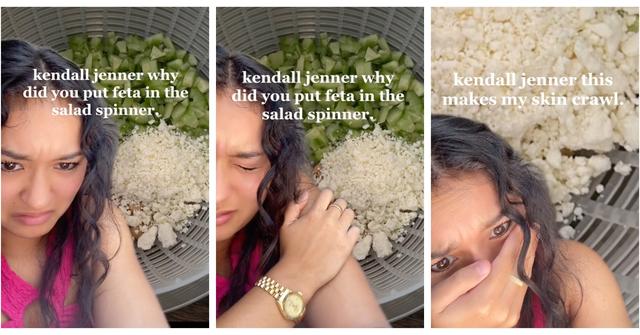 A woman reacting to Kendall Jenner putting feta cheese in a salad spinner