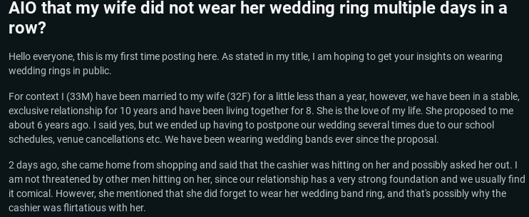 Wife Doesn't Wear Wedding Ring, Husband Calls Her Out - Reddit