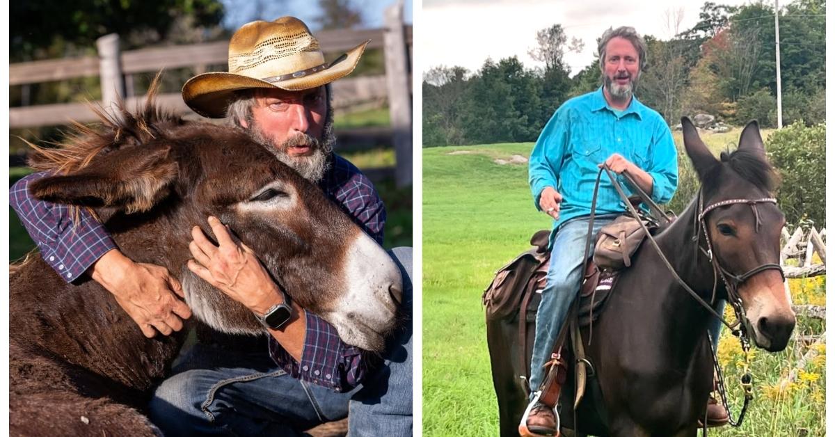 (L-R): Tom Green hugging a donkey; Tom Green riding a horse 