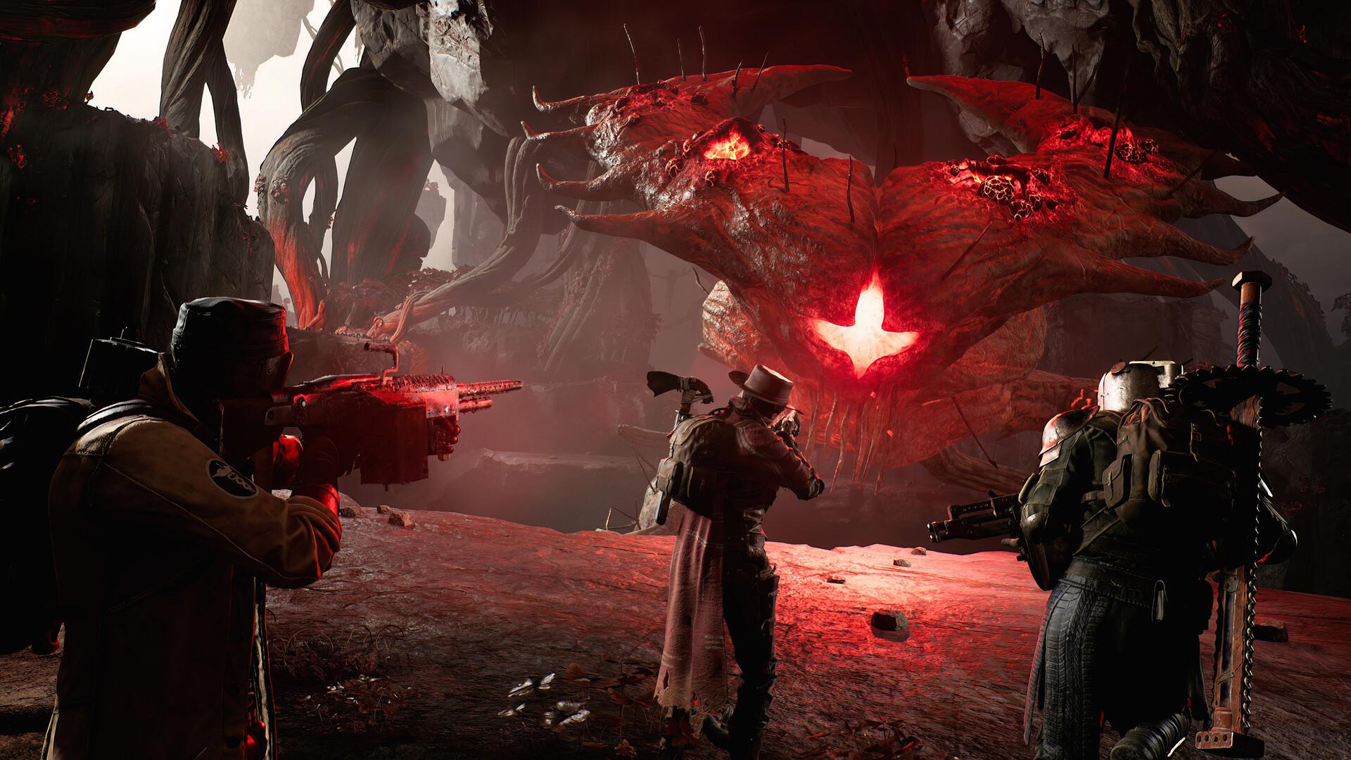 'Remnant II' Group of players shooting at a big alien-like boss.