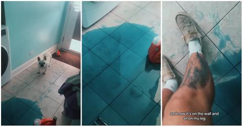 (l-r): A man seeing his laundry detergent fell on a washer