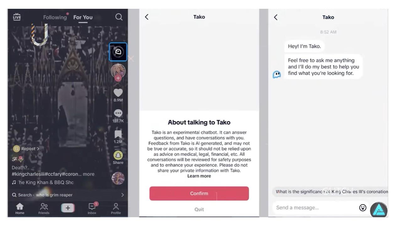 Screenshots from TikTok's Tako AI chatbot